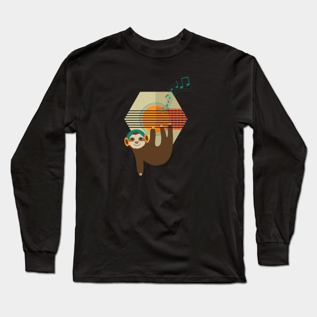 Funny Retro Sloth hanging on Guitar, Long Sleeve T-Shirt by Lilac Elite